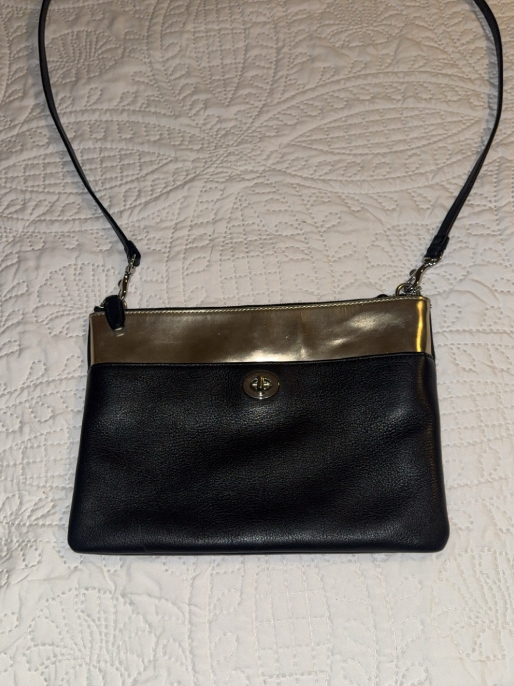 Coach Black and Gold Leather Crossbody Clutch